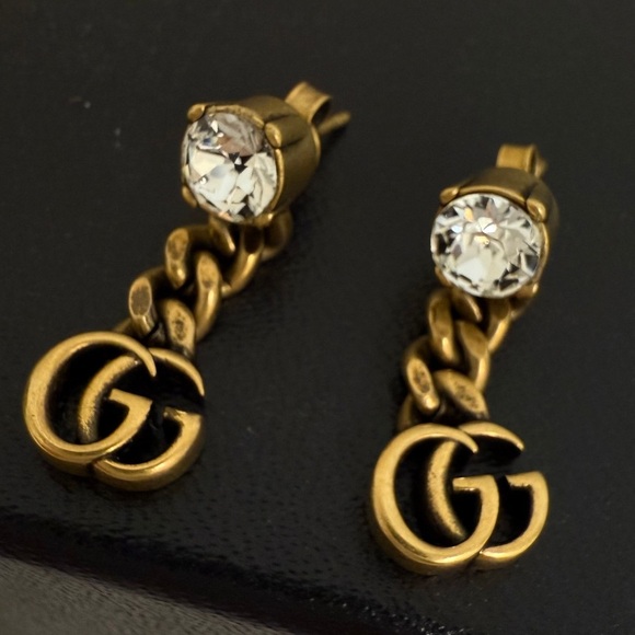 Gucci Jewelry - Gucci Brushed Gold Crystal Stud GG Logo Dangle Earrings